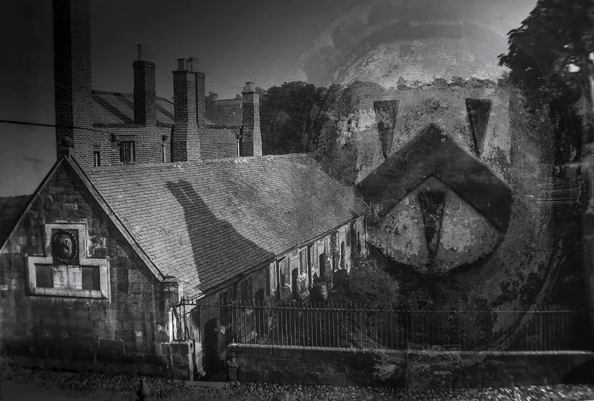 Black-and-white photograph combining Pegges Almshouses and a carved stone detail