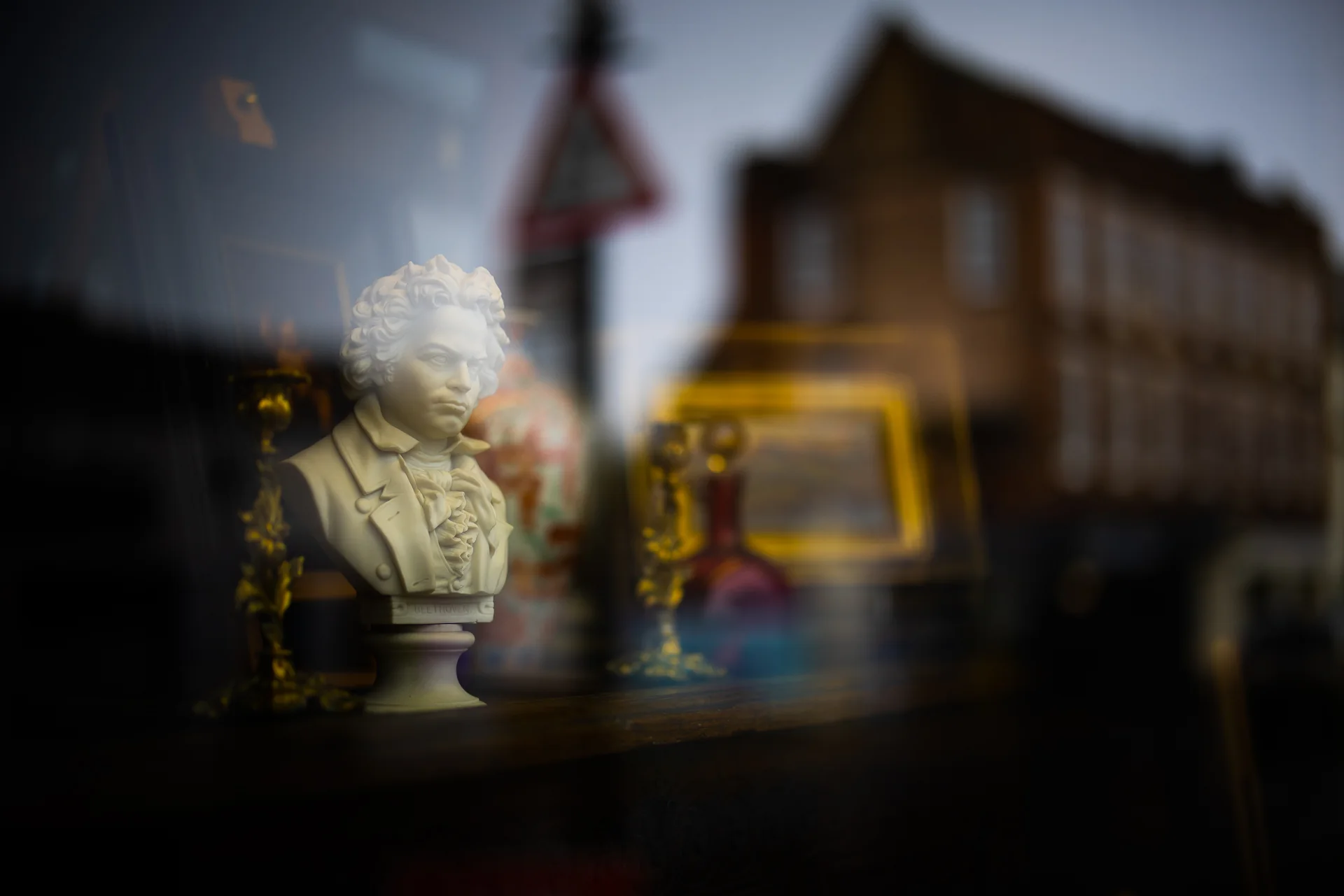 Beethoven bust in an Ashbourne antiques shop window